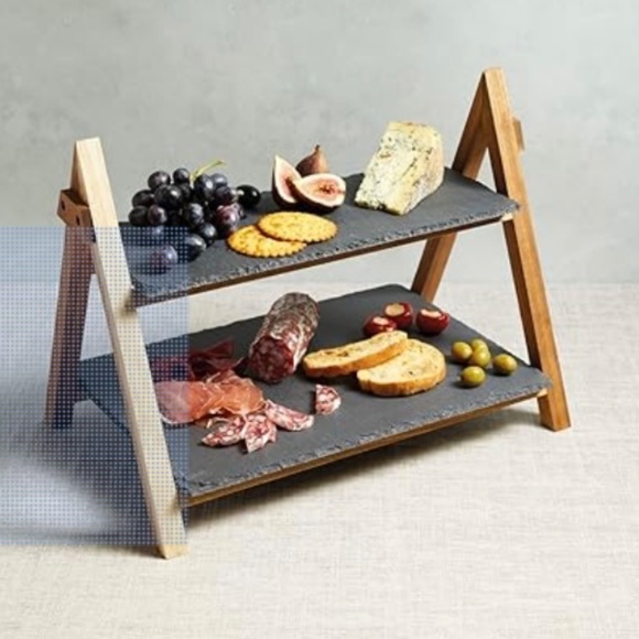 Ernesto 3 pc Slate Serving Stand 2 Tier Slate Acacia Wood Frame New - Picture 11 of 11
